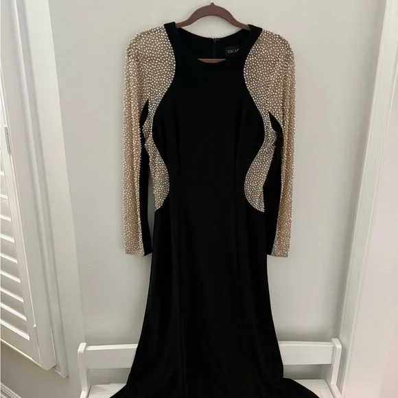 XSCAPE Jersey Dress with Illusion Beaded Sleeves Evening Gown LBD 12  Rhinestone
